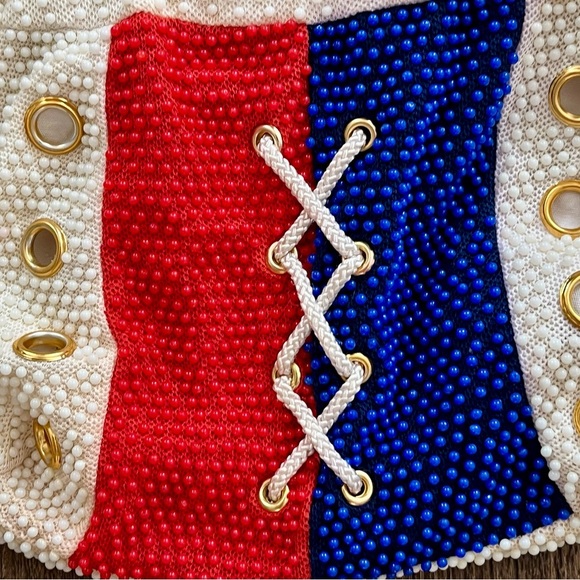 1960 Red and Blue Beaded Drawstring Bag - Picture 3 of 9